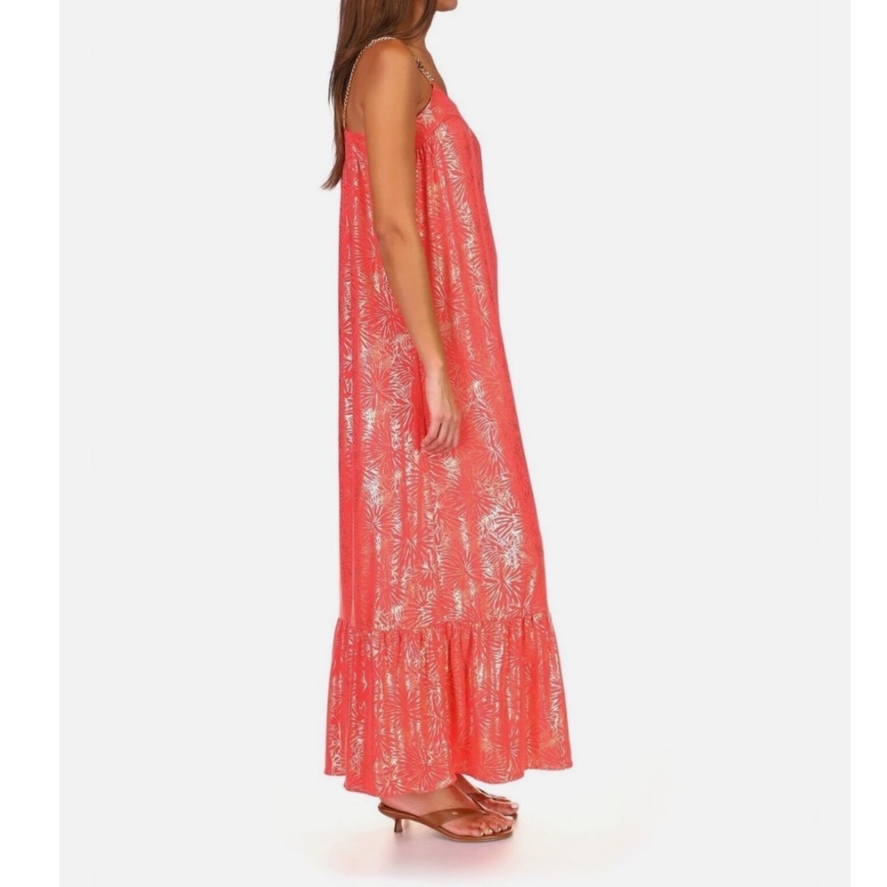 Michael Kors Coral Gold Foil Palm Leaf Chain Strap Maxi Dress Womens Pink Medium - Picture 4 of 9